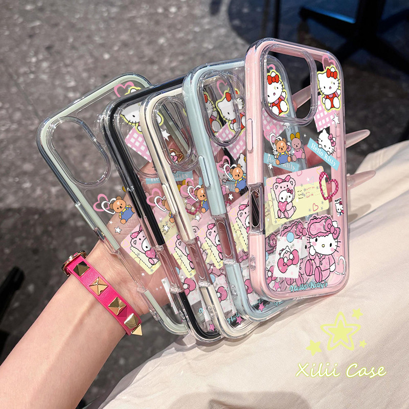 สำหรับIPhone16 15 13 11 12 14 Pro Max XR XS X Max7 11 15 8 Plusแฟชั่นรักสวัสดีคิตตี้โปร่งใสหรูหรา 2 ใน 1 กันกระแทกปกนุ่ม