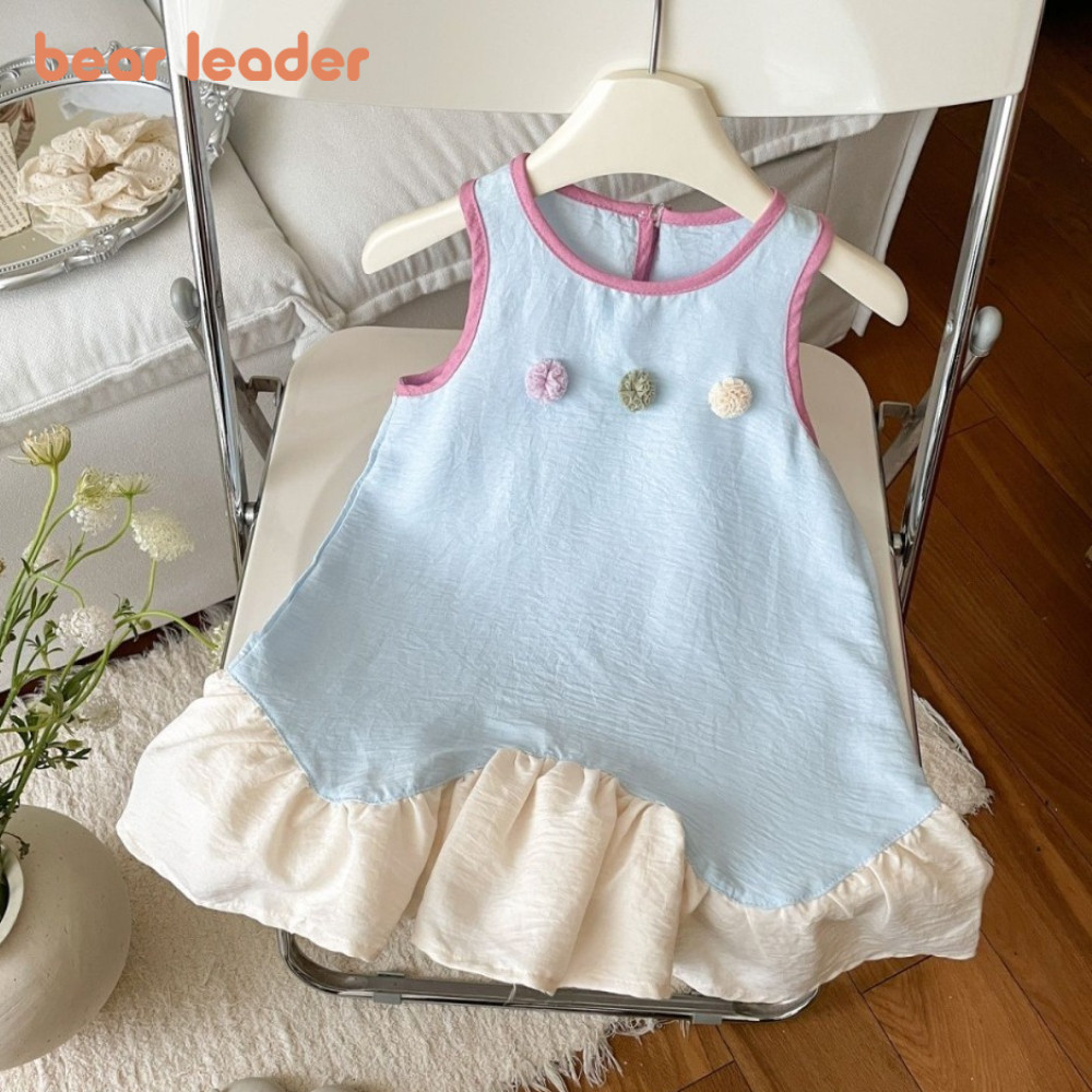 ชุดเสื้อผ้าสไตล์เกาหลีสำหรับเด็กผู้หญิง ลายหมีน่ารักและแขนกุดแบบลูกไม้ ดีไซน์เหมือนชุดเจ้าหญิง