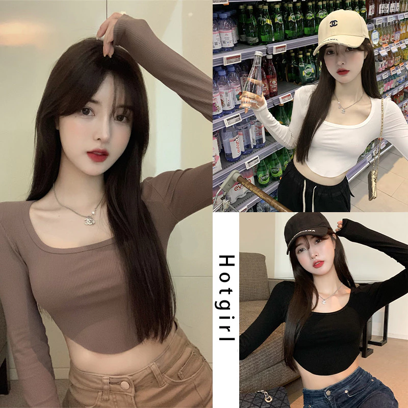 Hotgirl พร้อมส่งจากกทม Y2K เสื้อครอปแขนยาวผู้หญิง เสื้อครอปรัดรูปแฟชั่นเกาหลีสุดเซ็กซี่ แฟชั่นย้อนยุคที่เรียบง่าย