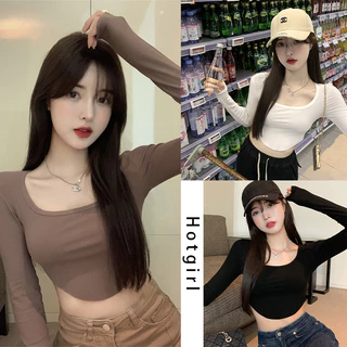 Hotgirl พร้อมส่งจากกทม Y2K เสื้อครอปแขนยาวผู้หญิง เสื้อครอปรัดรูปแฟชั่นเกาหลีสุดเซ็กซี่ แฟชั่นย้อนยุคที่เรียบง่าย