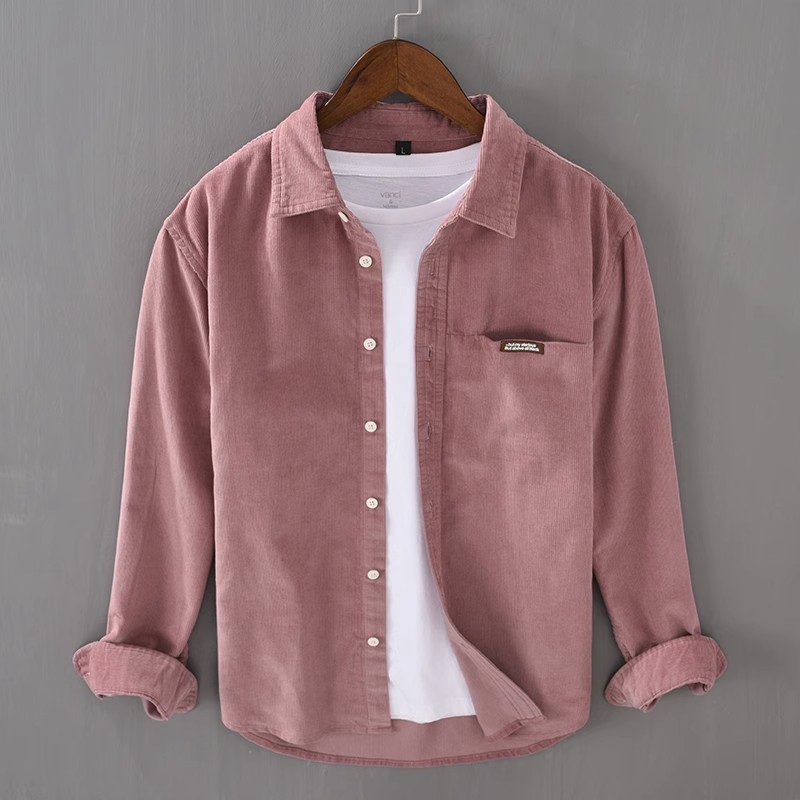 เสื้อเชิ้ตแขนยาวผ้าลูกฟูกวินเทจผู้ชายฤดูใบไม้ผลิและฤดูใบไม้ร่วงเสื้อเชิ้ตลายทางลําลองแจ็คเก็ตหลวม