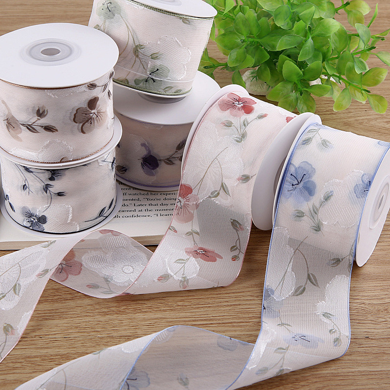 5เซนติเมตรกว้าง ผ้าแจ็คการ์ด แผ่นที่มีสีสันดอกไม้ชีฟองริบบิ้น ทําเอง อุปกรณ์ผมรองเท้าหมวกอุปกรณ์เสริมของขวัญดอกไม้บรรจุภัณฑ์โบว์ริบ