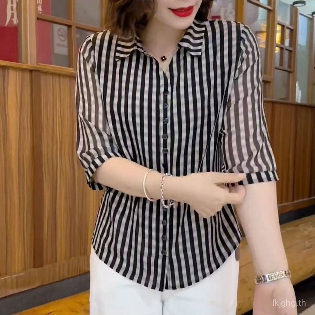 เสื้อแขนสามส่วนสำหรับสตรีวัยทำงานและผู้สูงอายุ แฟชันฤดูร้อนสไตล์คลาสสิกลายสก็อต ทรง.slim fit