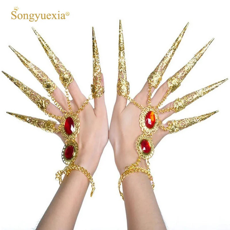 Songyuexia Belly Dance Fingernai Wrap Cover India Dance Red Nails Wrap Golden Long Nails Dance Jacke