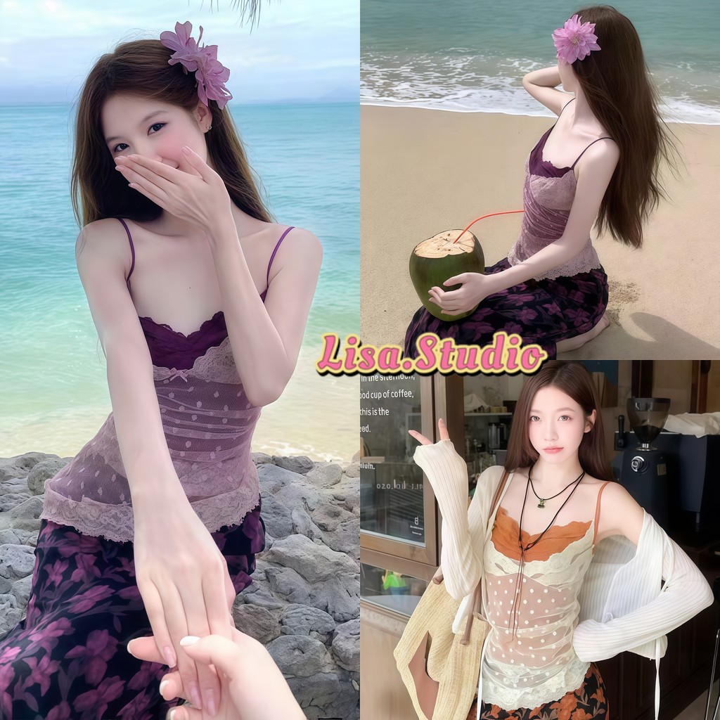 LISA🔮พร้อมส่ง🥨 แต่งลูกไม้ เสื้อสายเดี่ยวผู้หญิง ดีไซน์2ชิ้นติดกับ มีฟองน้ำ สไตล์สาวฮอต ขุดไปเที่ยว  เสื้อครอปทรงรัดรูป