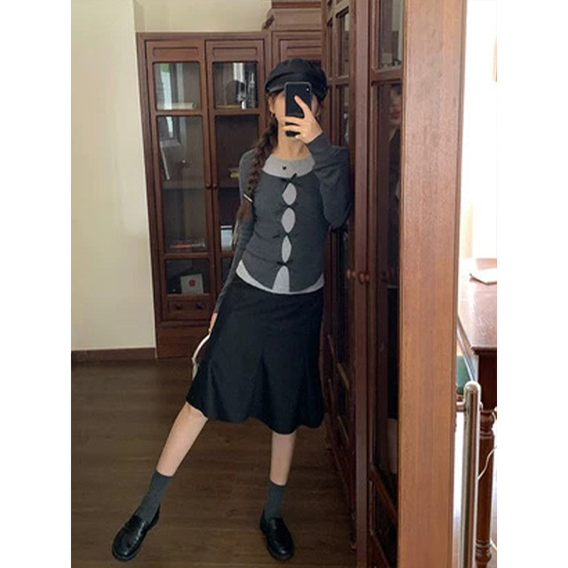 เสื้อแขนยาว Moss Queen เวอร์ชั่นเกาหลี แบบโบว์สองชิ้น ดูผู้หญิงและเพิมความเรียวเล็ก