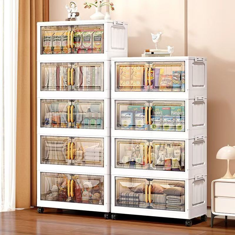 Leerhome ตู้เก็บของ รุ่นใหม่ พับได้ ประตูใส มินิมอล ความจุใหญ่ 50-90ซม. 3-6 ชั้น พร้อมล้อเลื่อน แข็งแรงทนทาน