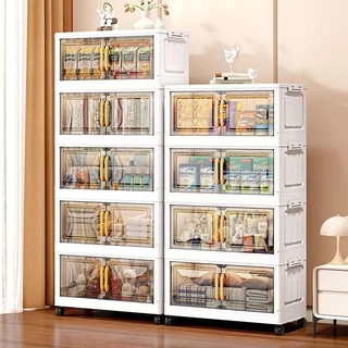 Leerhome ตู้เก็บของ รุ่นใหม่ พับได้ ประตูใส มินิมอล ความจุใหญ่ 50-90ซม. 3-6 ชั้น พร้อมล้อเลื่อน แข็งแรงทนทาน