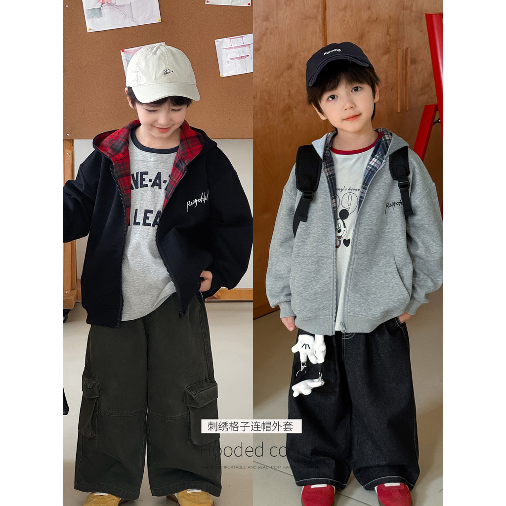 เสื้อกันหนาวสำหรับเด็กสไตล์เกาหลีฤดูใบไม้ร่วง อักษรปัก มีหมวกคลุมหัว