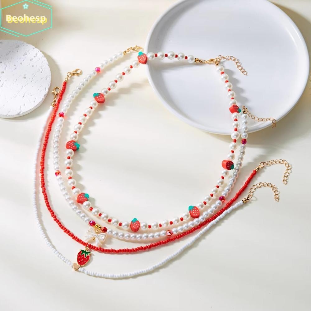 BEOHESP สร้อยคอลูกปัด,น่ารักลูกปัดมุกหวานสตรอเบอร์รี่สั้นChoker,Y2Kเครื่องประดับBhoฤดูร้อนคอสําหรับผ