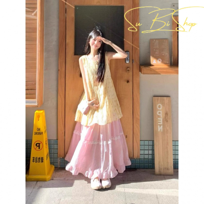 {Subi-Oder}ชุดท็อปเบบี้ดอลล์ลายดอกไม้หวานและน่ารัก กระโปรงทรงเอยาว ลูกไม้เกาหลี