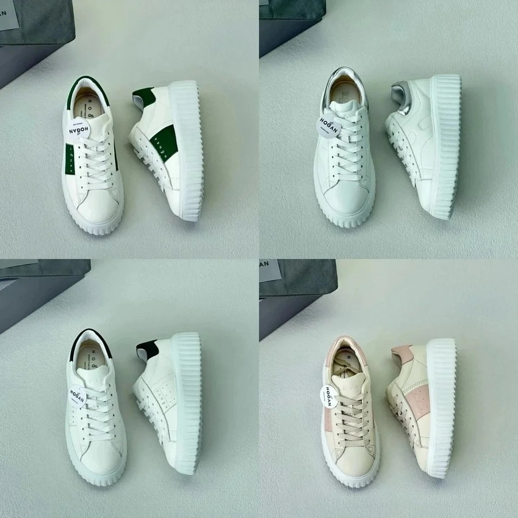 [HOGA HOGA - H-Stripes Series] รองเท้าลำลองสีขาว สไตล์เรโตรแบบบิสกิต พื้นมีขนาดหนากว้าง สำหรับผู้ชาย
