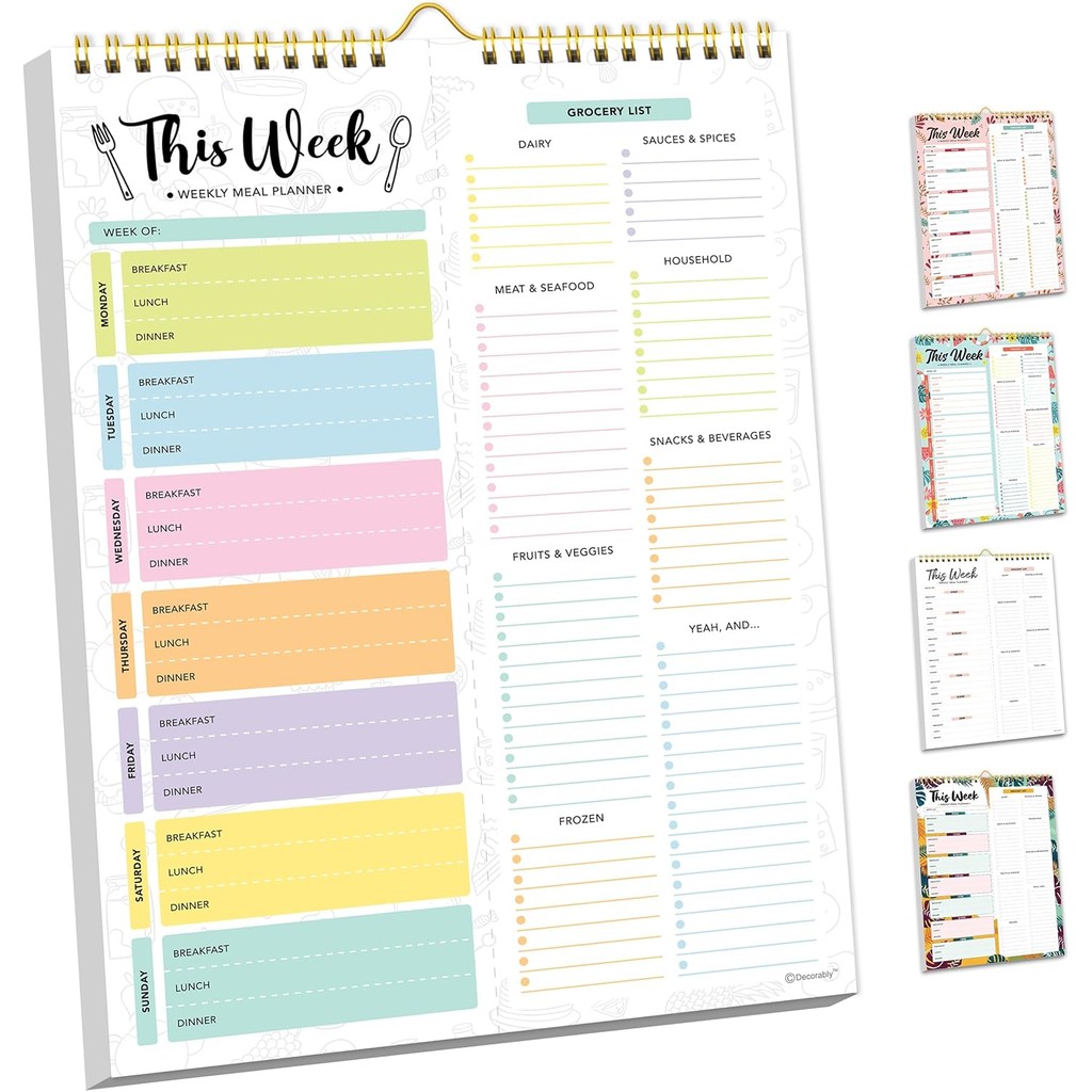 Decorably 52 แผ่นสีพาสเทล Undated Weekly Meal Planner และรายการของชํา, 8.5x11in Spring-Bound Magneti