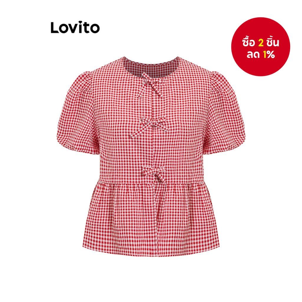 เสื้อวันหยุดคริสต์มาสน่ารัก Gingham Tie เสื้อโบว์ด้านหน้าสําหรับผู้หญิง L101AD087