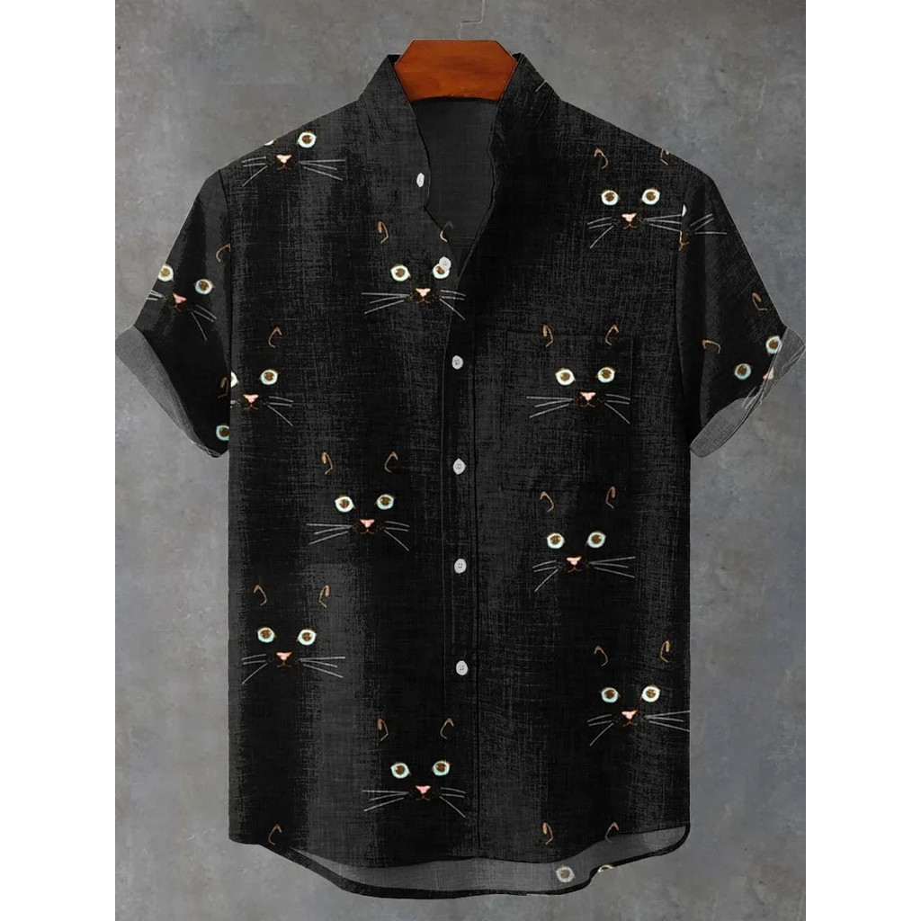 เสื้อเชิ้ตลายแมวการ์ตูน คุณภาพสูง ผ้าลินินสบาย แขนสั้นสำหรับใส่ลำลอง