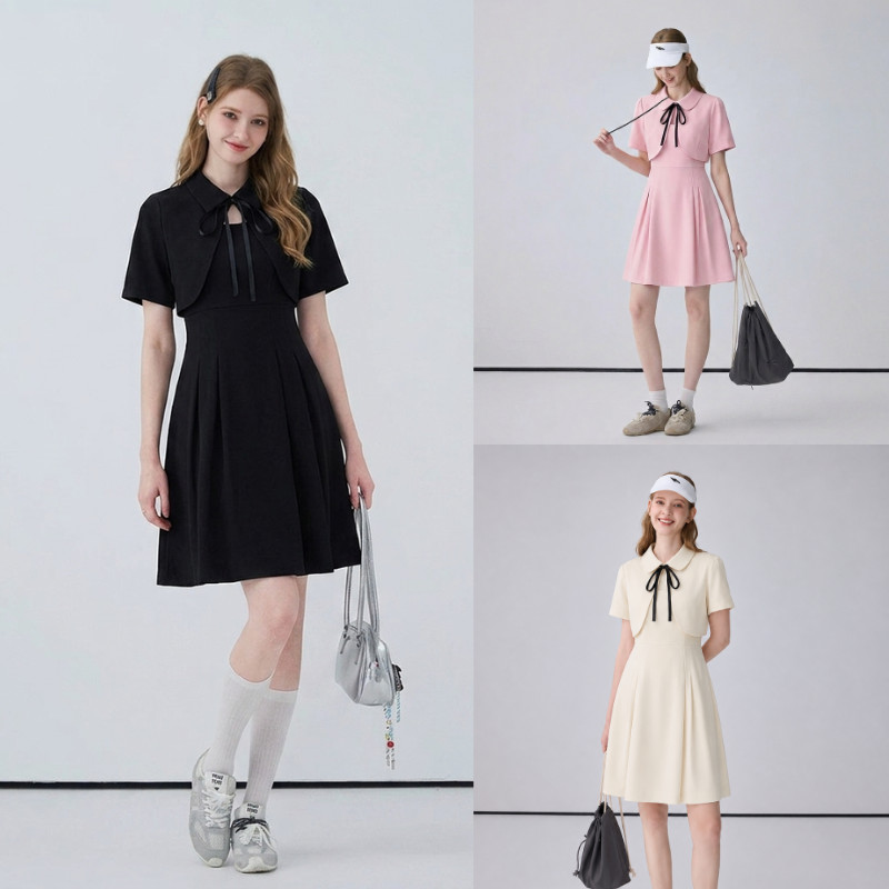 🧚🏼‍♀️S-5XL🧚🏼‍♀️ ชุดเดรสผู้หญิง เดรส สไตล์เกาหลี ชุดออกงาน แขนสั้นมีปก ผูกโบว์เรียบหรู ใส่ทำงาน ออกงาน ได้ทุกโอกาส