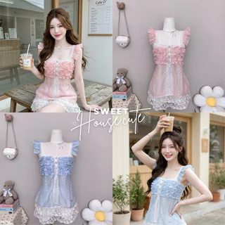 🧸 SweetHouse #740 🌻 เสื้อสายเดี่ยวแขนระบาย แต่งลูกไม้ สไตล์เวียดนาม Coquette ใส่ไปคาเฟ่ + กระโปรงลูกไม้ระบาย 4 ชั้น
