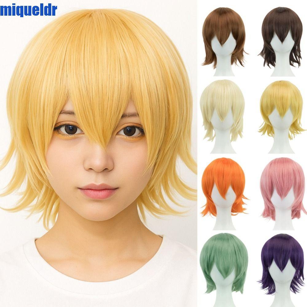 MIQUEL BOB วิกผม Bangs, สีชมพูสีบลอนด์สีส้มทนความร้อนผมสั้นคอสเพลย์, เต็มหัวสังเคราะห์ Breathable ตรงอะนิเมะ Layered Wigs ฮาโลวีน