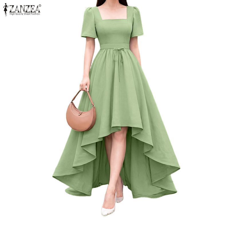 ZANZEA ผู้หญิง Vintage Elegant Square Collar Puff Sleeve ไม่สม่ําเสมอ Ruffles Hem Maxi A-Line เดรสสายเดี่ยว