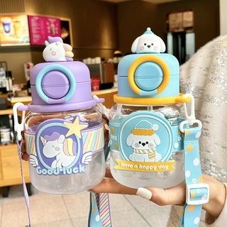 แก้วน้ำสำหรับเด็ก กระติกน้ำ 2in1 (ยกดื่ม+หลอด) 660ml หัวการ์ตูน 3D มีสายสะพาย ขวดน้ำเด็กไปรร