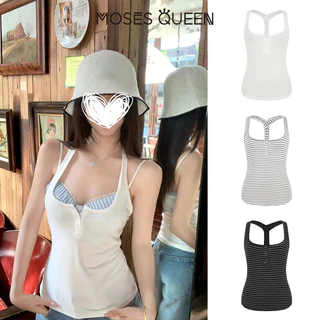 MOSESQUEEN เสื้อกล้ามคล้องคอสีขาวสาวฮอตสไตล์อเมริกันสําหรับฤดูร้อนแบบใหม่สีทึบเรียบหรู #63808