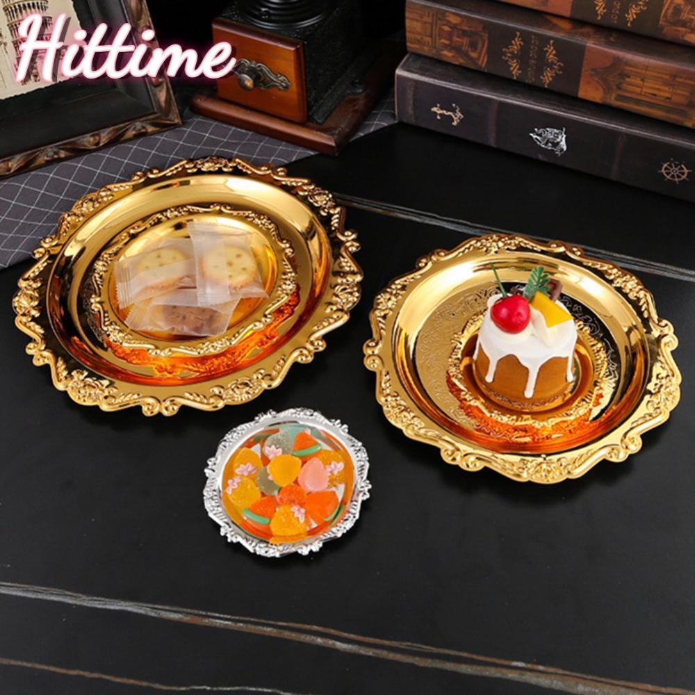 HITTIME Retro โลหะชุบ Golden Silver แผ่นเค้กถาดขนมผลไม้จานขนมเครื่องประดับ Home Hotel ตกแต่งโต๊ะ C9S