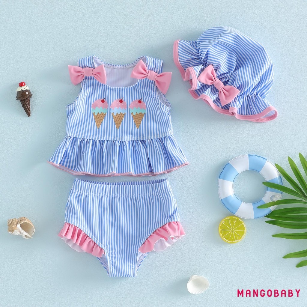 MG-Baby Girls Bikini Set Ice Cream Print Tank Top with Striped Shorts and Hat ชุดว่ายน้ํา