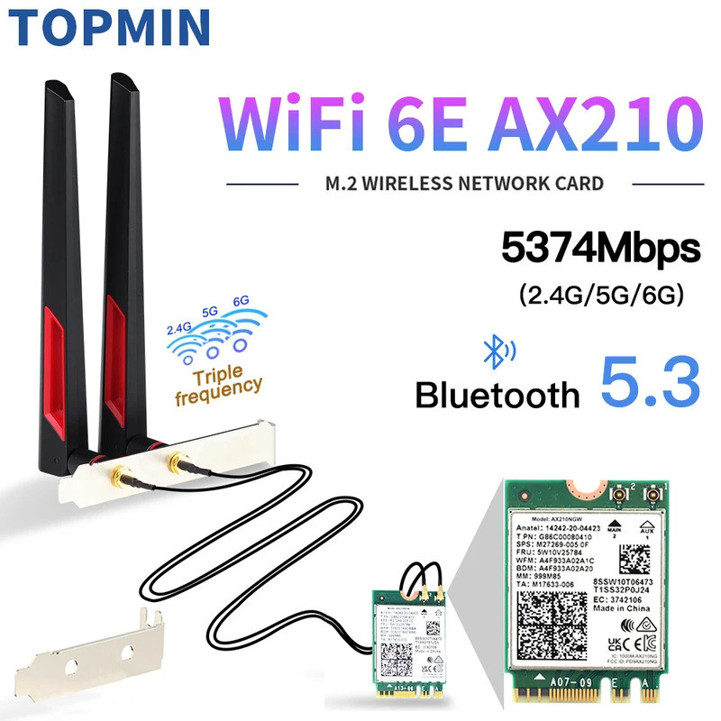 Wifi 6E M.2 AX210 5374Mbps Wifi การ์ดไร้สายบลูทูธ 5.3 802.11ac/ax Tri Band AX210NGW 10dbi เสาอากาศสํ
