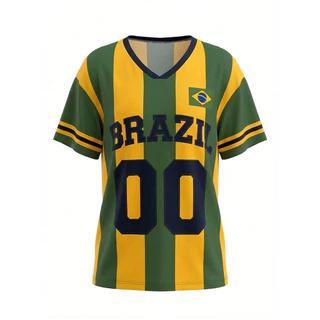 ย2เค เสื้อฟุตบอลบราซิล - เสื้อยืดคอวีลายทางสีเขียวและสีเหลืองทรงหลวมสไตล์สตรีท เสื้อฟุตบอลบราซิล