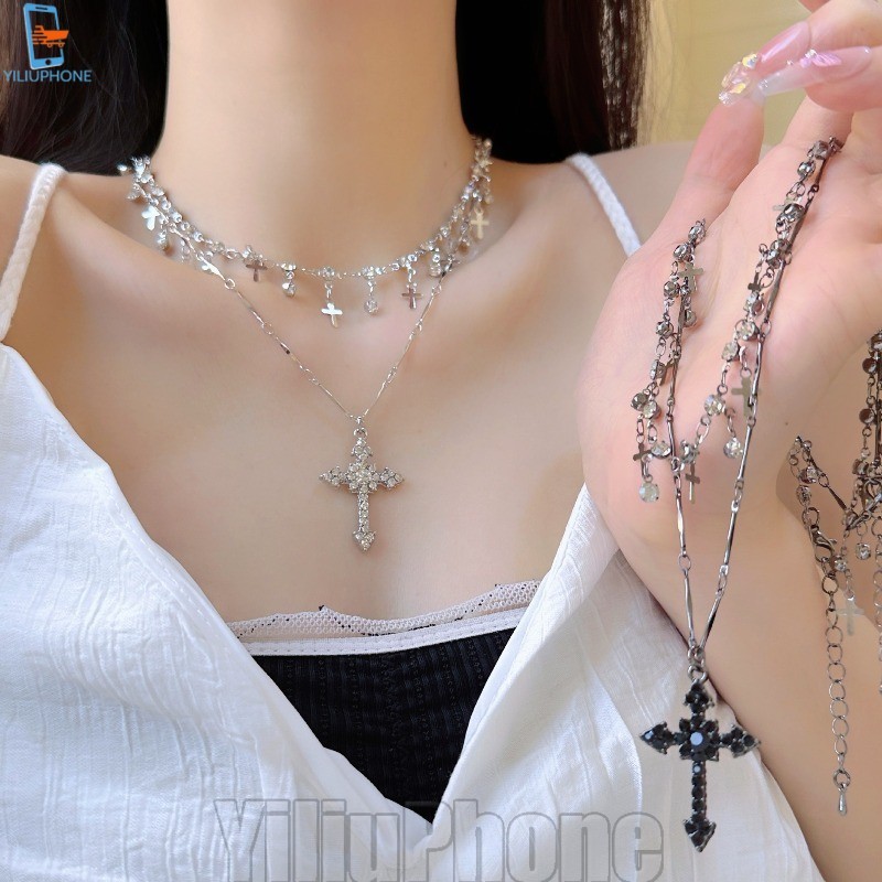 [Bless] 4-1Pc Rhinestoneสร้อยคอจี้ข้าม-สําหรับสาว-Double-Layer Stackedสร้อยคอ-Chokerเครื่องประดับของ