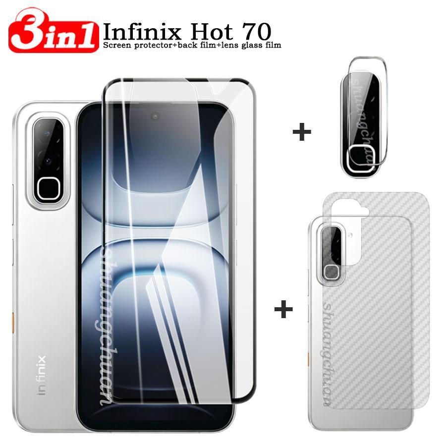 3 IN 1 สําหรับ Infinix Hot 70 กระจกนิรภัยป้องกันหน้าจอ + เลนส์กล้อง + คาร์บอนไฟเบอร์กลับฟิล์มคลุมทั้งหมด Anti Scratch HD Clear ฟิล์มป้องกันสําหรับ Infinix Hot70