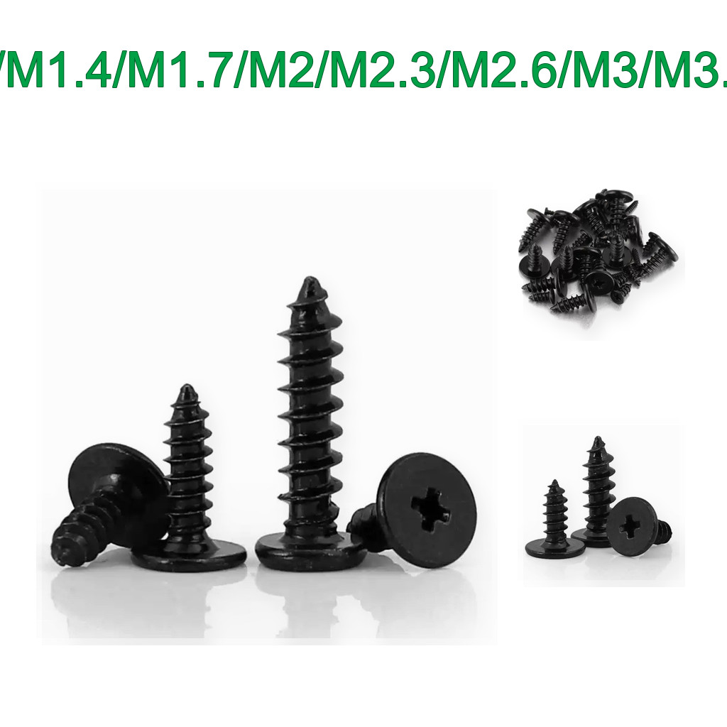 สีดํา CA สกรูเกลียวปล่อยหัวแบนบางเฉียบหัวข้ามหัวแบนแตะตัวเองเล็บ M1.2/M1.4/M1.7/M2/M2.3/M2.6/M3/M3.5