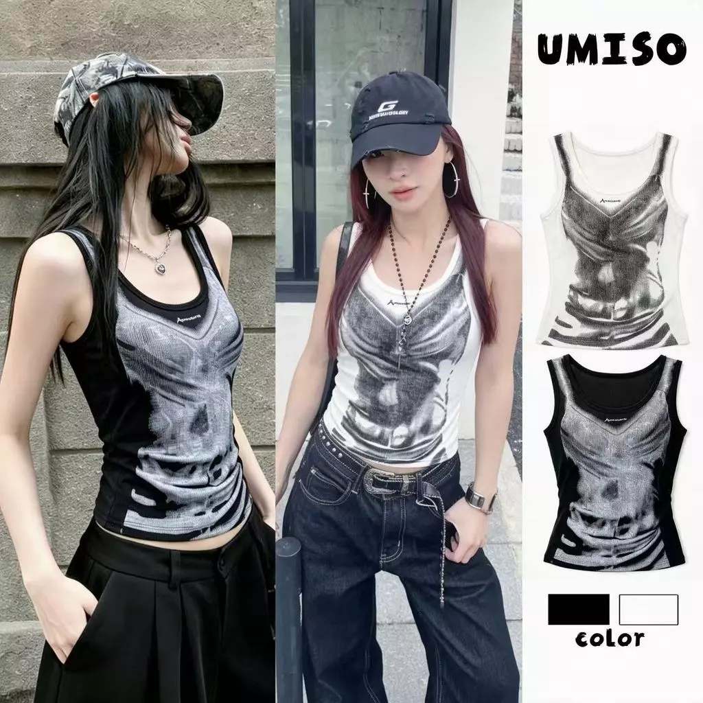 UMISO ส่งไวจากไทย 2สี เสื้อแขนกุดผู้หญิง พิมพ์ลายวินเทจอเมริกัน สายฝอ เซ็กซี่ ใส่แล้วแซ่บ