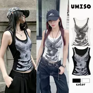 UMISO ส่งไวจากไทย 2สี เสื้อแขนกุดผู้หญิง พิมพ์ลายวินเทจอเมริกัน สายฝอ เซ็กซี่ ใส่แล้วแซ่บ