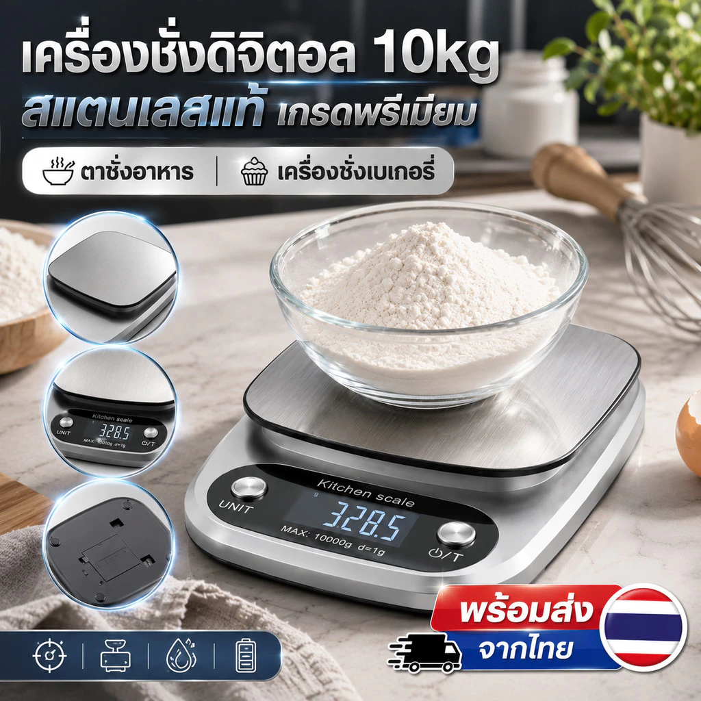 เครื่องชั่งดิจิตอล 10kg สแตนเลสแท้ เครื่องชั่งครัว แม่นยำสูง สำหรับทำอาหาร เบเกอรี่ พร้อมส่งจากไทย