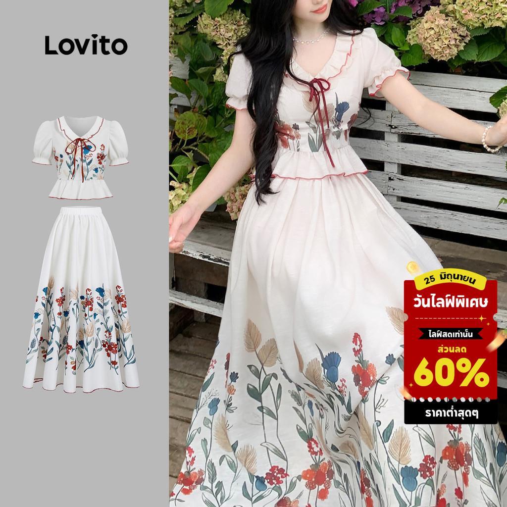 Lovito เสื้อผ้าสไตล์โบโฮ ή กางเกงสำหรับผู้หญิง เสื้อบนหรือกางเกงเปิดคอสำหรับฤดูใบไม้ผลิ/ฤดูร้อน L149LD276