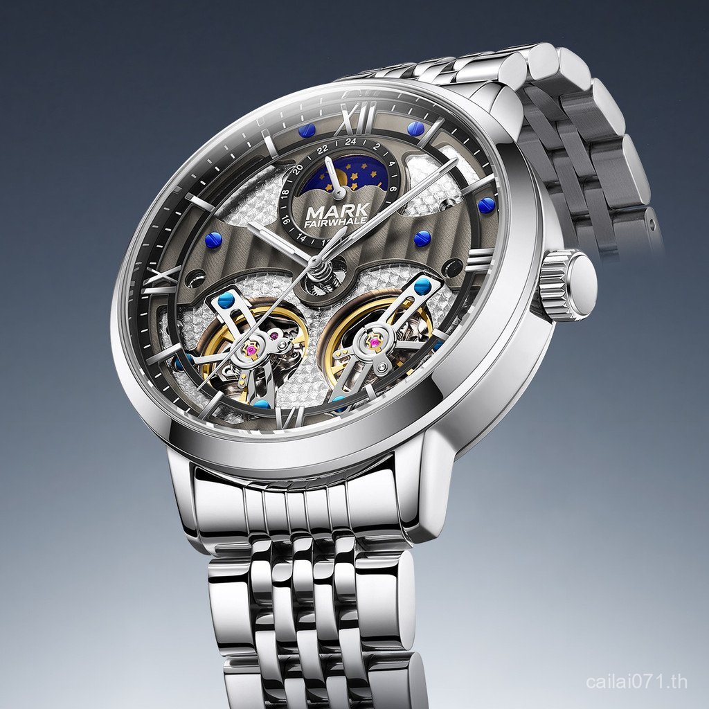 Mark Fairwhale Watch Automatic Mens Mechanical Wrist Watch สายเหล็ก Double Flywheel
