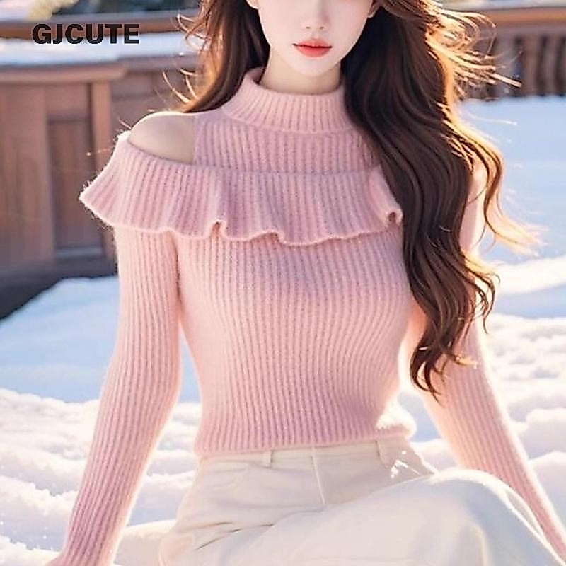 Gjcute เกาหลีครึ่งคอเต่า Ruffle Off-ไหล่แขนยาว Slim ถักเสื้อกันหนาวสําหรับผู้หญิง WTD