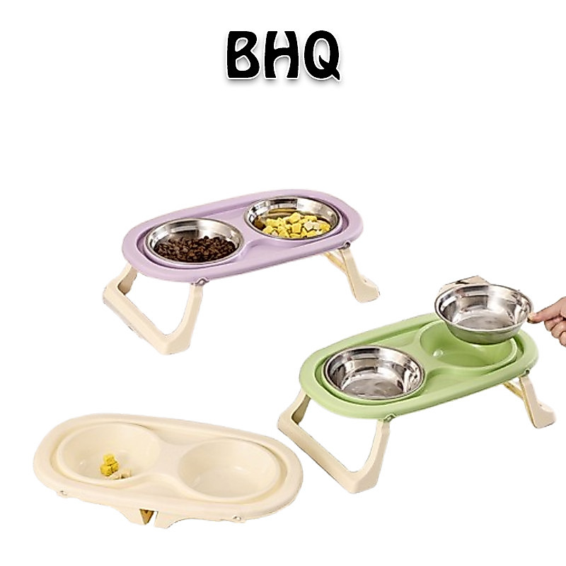 BHQ ชามอาหารสัตว์เลี้ยง สเตนเลส ชาม2ช่อง มี 3 สี พับ เหมาะสำหรับสุนัขและแมว