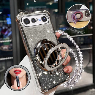 เคส VIVO X300 FE 5G ใหม่Gradient Glitterปลอกพร้อมกระจกแต่งหน้าที่วางขาตั้งแม่เหล็กVIVO X300FEป้องกันเลนส์พร้อมวงเล็บเชือกเส้นเล็กฝาครอบโทรศัพท์กันกระแทก