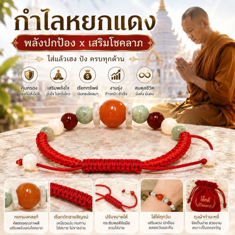 [เสริมมงคล] สร้อยข้อมือหยกสายสิญจน์ กำไลหยกพม่าบทสวดพระเกจิ กำไลหินหยกวัดปลุกเสกปัดภยันตราย