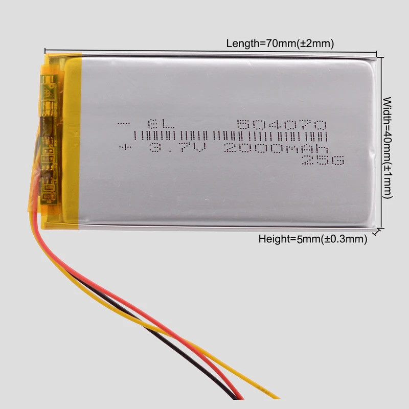 3 สาย 3.7V 2000mAh 504070  แบตเตอรี่โพลิเมอร์ Lipo Lithium Li-ion 524072 304070 404070 604070 704070