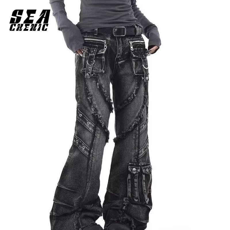 SEACHENIC American Retro Heavy-Duty Stitching Skinny Jeans การออกแบบหลายกระเป๋า