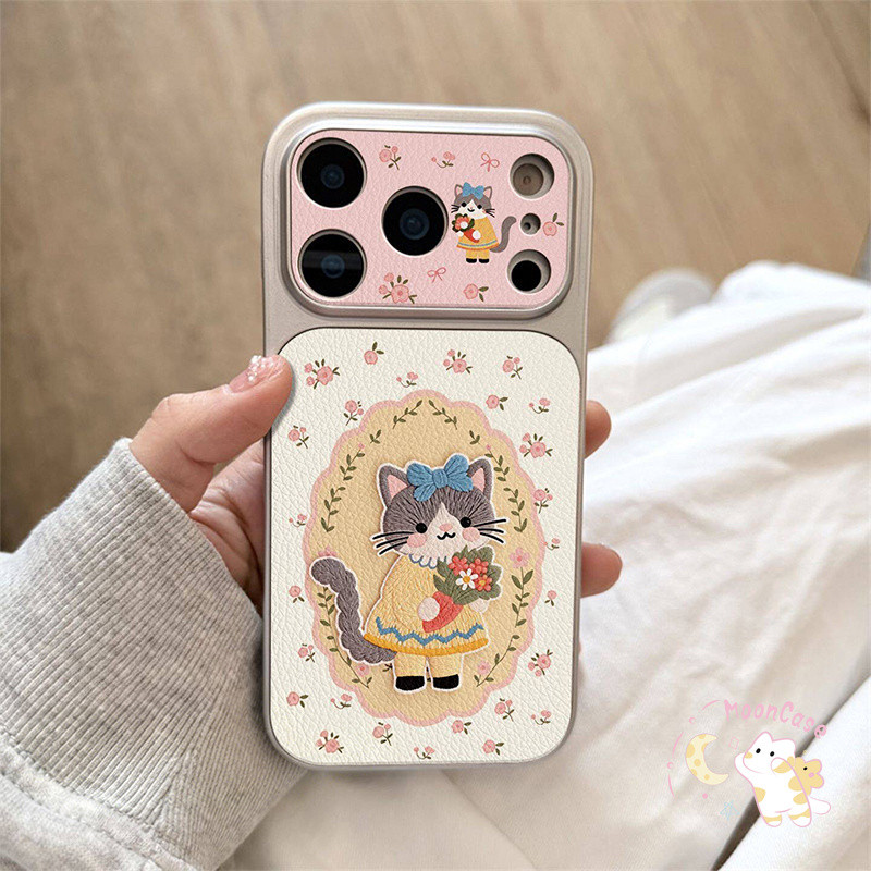 สำหรับ iPhone 11 13 17 15 14 16 12 Pro Max 15 16 14 Plus เคสแมวถือดอกไม้สไตล์หวาน ผิวหนังหน้าต่างใหญ่