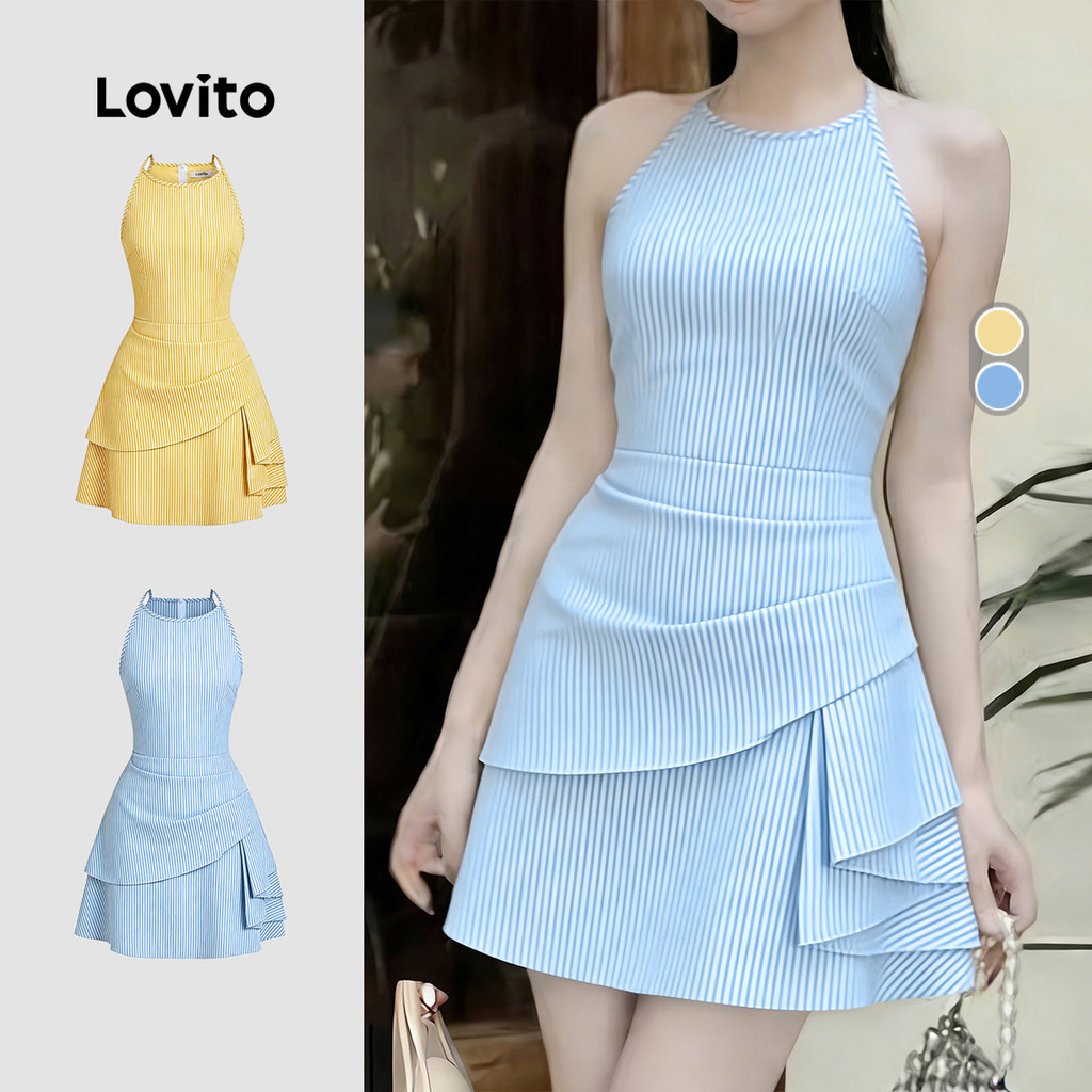 Lovito แคชชวล เดรสลําลองทรงอสมมาตรระบายสไตล์ฤดูใบไม้ผลิ/ฤดูร้อน สีฟ้าขาว สําหรับผู้หญิง LK4ED747