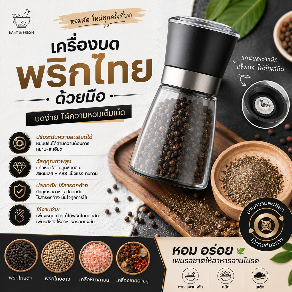 เครื่องบดพริกไทยหมุนด้วยมือ ขวดบด ที่บดเครื่องเทศด้วยมือ มีฝาปิด ไม่เป็นสนิม ทำความสะอาดง่าย(คละสี)
