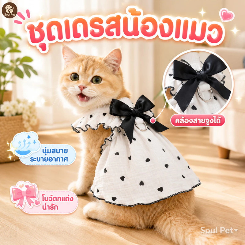 🐱เสื้อแมว ชุดแมวเจ้าหญิง เสื้อหมาเล็ก เดรสสัตว์เลี้ยง ระบายอากาศ นุ่มสบาย ลายหัวใจ โบว์หวาน นุ่มสบาย