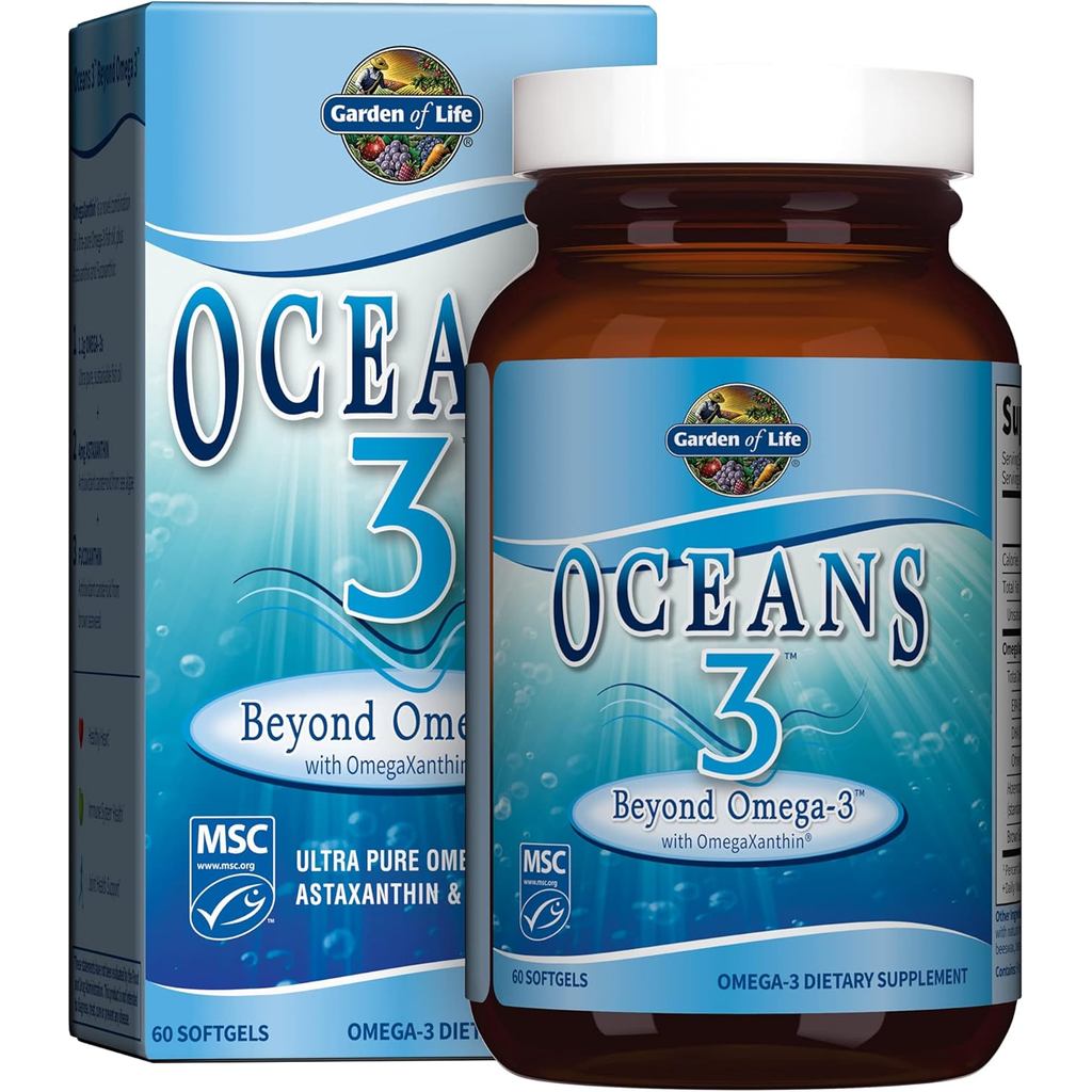 Garden of Life Oceans 3 Beyond Omega-3 with OmegaXanthin, EPA & DHA – น้ํามันปลาพร้อมโอเมก้า 1200mg 3, Astaxanthin, Brown Seaweed Support, บํารุงสมอง, 60 