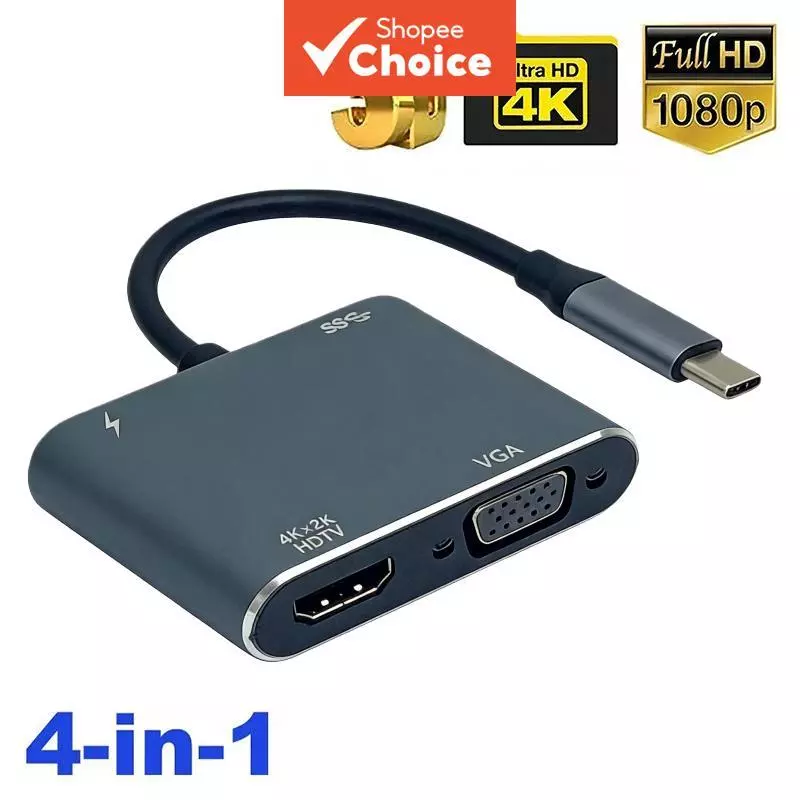 ฮับ Type C 4 in 1 พร้อมพอร์ต HDMI 4K, VGA, USB และอะแดปเตอร์ชาร์จ PD สําหรับ MacBook/แล็ปท็อป