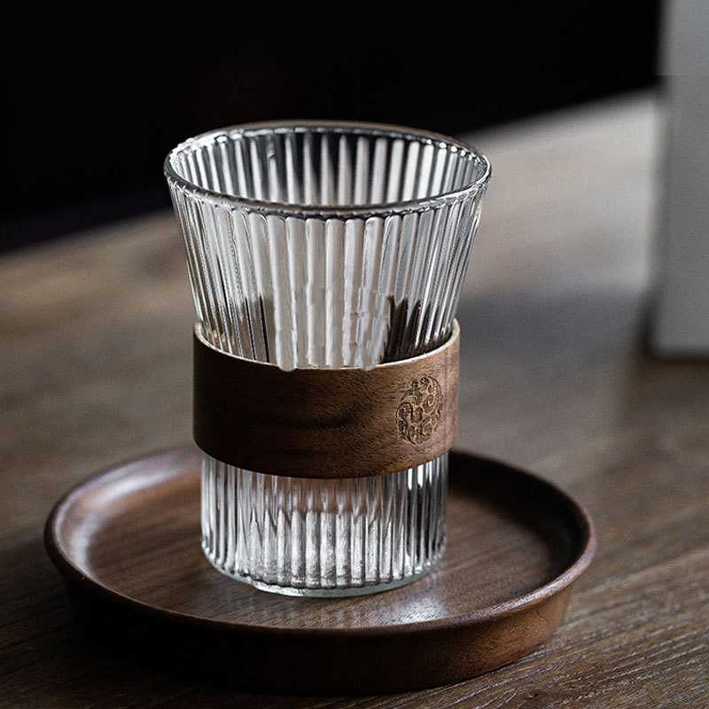 CPTBLISTR Aesthetic Glass Cup Coffee Tea Wood Sleeve 300ml - GN14